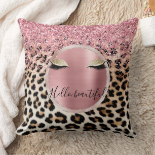Glitzy Pink Glitter Gouden Wimpers Luipaard Kussen