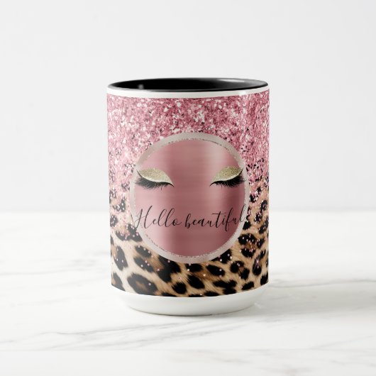 Glitzy Pink Glitter Gouden Wimpers Luipaard Mok (Midden)