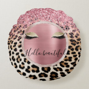 Glitzy Pink Glitter Gouden Wimpers Luipaard Rond Kussen