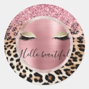 Glitzy Pink Glitter Gouden Wimpers Luipaard Ronde Sticker