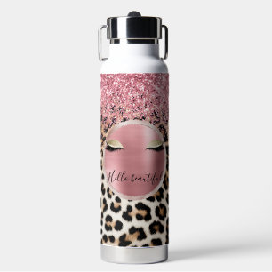 Glitzy Pink Glitter Gouden Wimpers Luipaard Waterfles