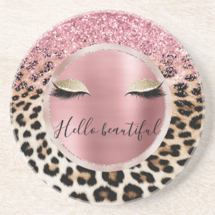 Glitzy Pink Glitter Gouden Wimpers Luipaard Zandsteen Onderzetter