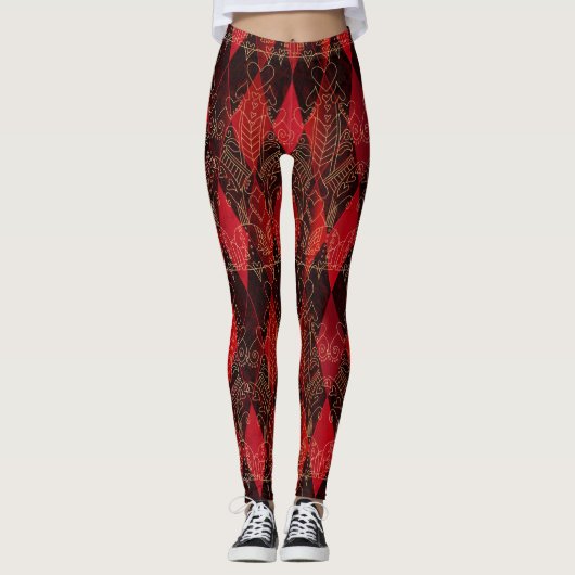 Glitzy Queen of Hearts Harlequin Red Black White Leggings (Voorkant)