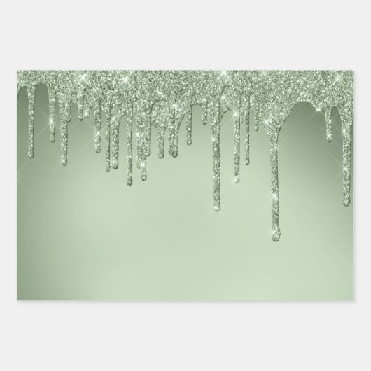 Glitzy Sage Green Sparkle Glitter Drips Verjaardag Inpakpapier Vel (Voorkant 3)