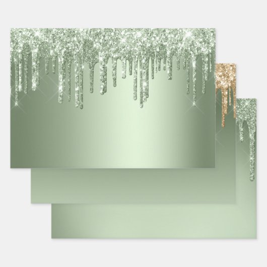 Glitzy Sage Green Sparkle Glitter Drips Verjaardag Inpakpapier Vel (Set)