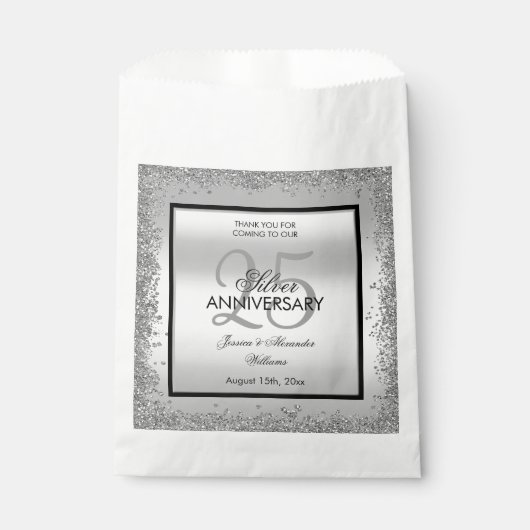Glitzy Silver & Black 25th Wedding Jubileum Bedankzakje (Voorkant)