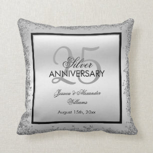 Glitzy Silver & Black 25th Wedding Jubileum Kussen
