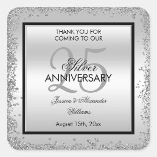 Glitzy Silver & Black 25th Wedding Jubileum Vierkante Sticker