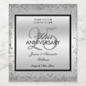 Glitzy Silver & Black 25th Wedding Jubileum Wijn Etiket (Enkel label)
