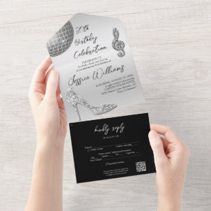 Glitzy Silver & Black 30e verjaardag QR-code All In One Uitnodiging