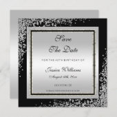 Glitzy Silver Confetti Corners Birthday Save The Date (Voorkant / Achterkant)