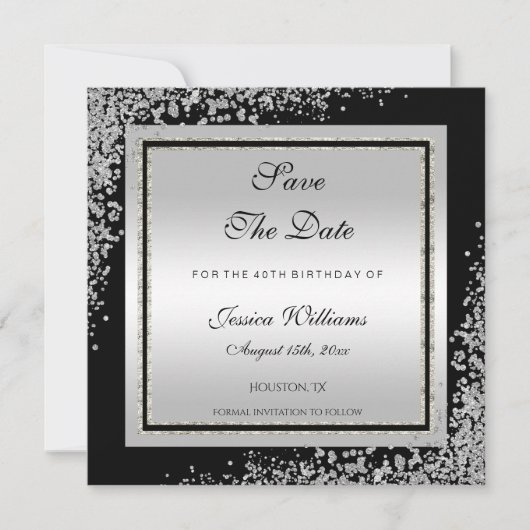 Glitzy Silver Confetti Corners Birthday Save The Date (Voorkant)