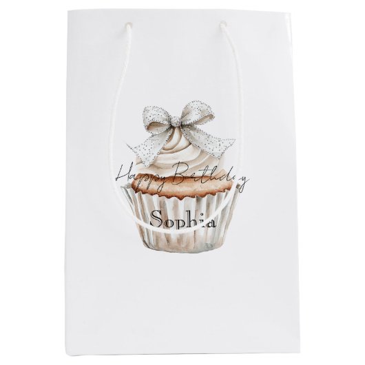 Glitzy Silver White Cupcakes Bow Birthday Medium Cadeauzakje (Voorkant)