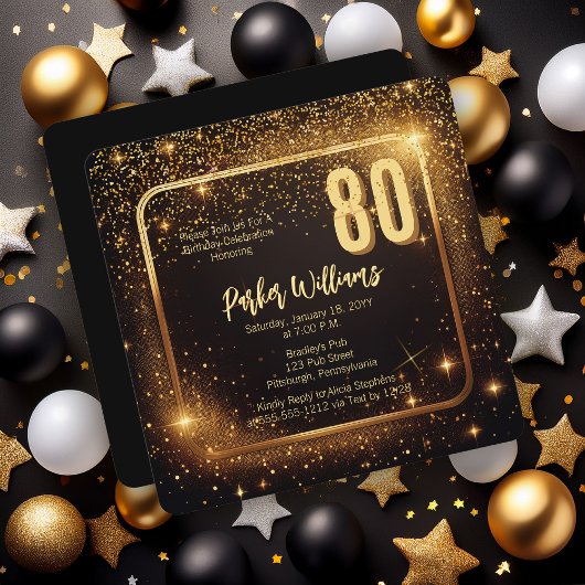 Glitzy Sparkles | Stars Gold 80th Birthday Party Kaart