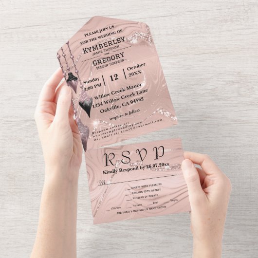 Glitzy Sparkly Blush Roze Zilver Kerstmis All In One Uitnodiging (Afscheurbaar)