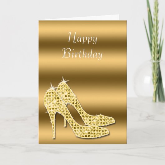 Glitzy Sparkly Gold Stiletto Schoenen Verjaardag Kaart (Voorkant)