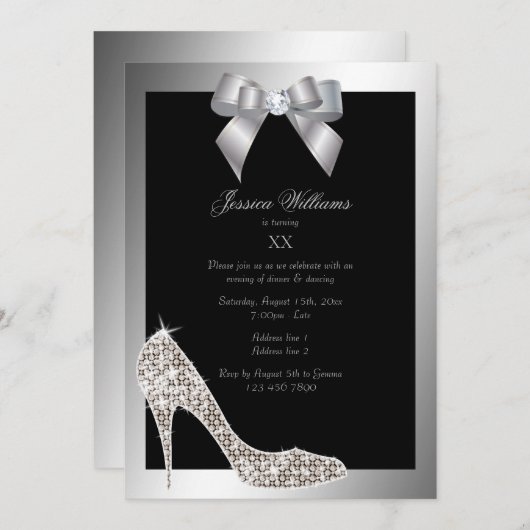 Glitzy Sparkly Stiletto, Silver Bow Verjaardagsfee Kaart (Voorkant / Achterkant)