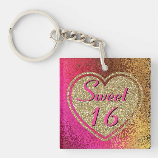 Glitzy Sweet 16 Roze & Gold Custom Sleutelhanger (Voorkant)