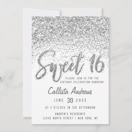 Glitzy White Silver Scattered Glitter Sweet 16 Kaart (Voorkant)