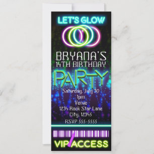 Gloed in het donkerneon VIP Birthday Party Ticket Kaart