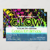 Gloed neon verf splatter verjaardagsfeestje uitnod kaart (Voorkant / Achterkant)