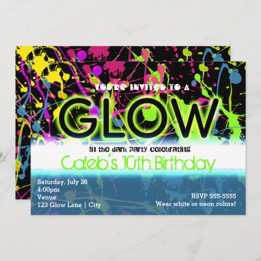 Gloed neon verf splatter verjaardagsfeestje uitnod kaart (Voorkant / Achterkant)
