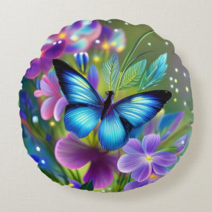 Gloeiende blauwe vlinder in Fairy Garden Rond Kussen