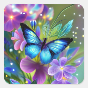 Gloeiende blauwe vlinder in Fairy Garden Vierkante Sticker