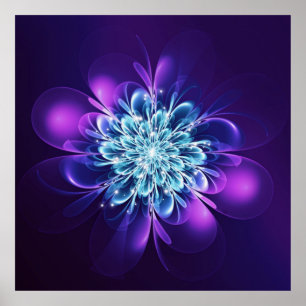 Gloeiende bloem Fractal Sparkles Indigo Poster