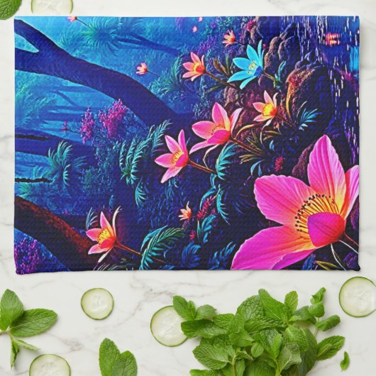 Gloeiende etherische Oerwoud oase ontwerp Theedoek (Gevouwen)