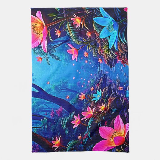 Gloeiende etherische Oerwoud oase ontwerp Theedoek (Verticaal)