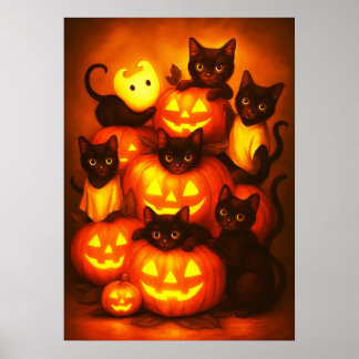 Gloeiende Halloween pompoen met Schattigee zwarte  Poster