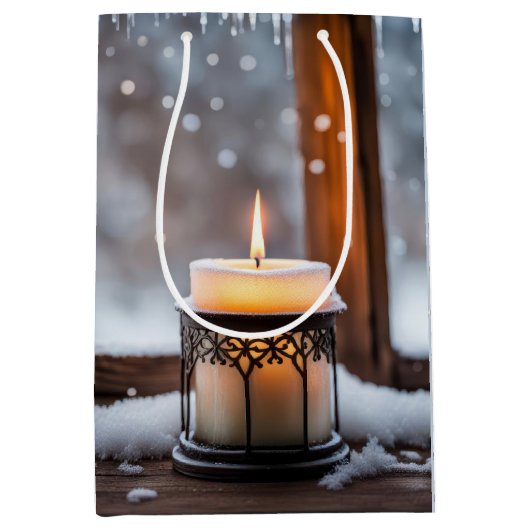 Gloeiende kerstkaars in sneeuw medium cadeauzakje (Voorkant)