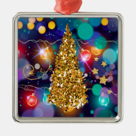 Gloeiende kerstverlichting Bokeh Golden Tree Metalen Ornament