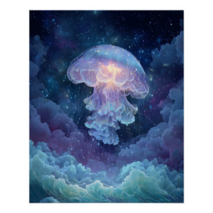 Gloeiende kwal in sterrenhemel wolkenlucht kunst perfect poster