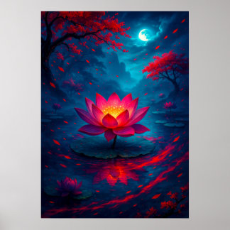 Gloeiende Lotus Flower onder Moonlight Fantasy Poster