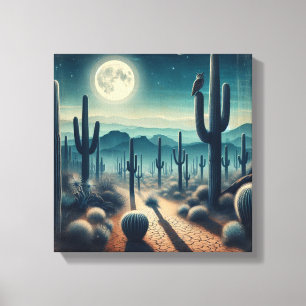 Gloeiende Maanverlichte Woestijn met Cactus en Vuu Canvas Afdruk