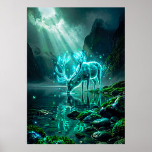 Gloeiende Neon Cyaan Ethische Geest Hert Fantasie Poster