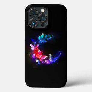 Gloeiende neon nacht vlinders op zwarte achtergron iPhone 13 pro hoesje