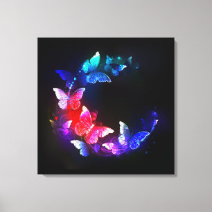 Gloeiende Neon Nachtvlinders op Zwarte achtergrond Canvas Afdruk