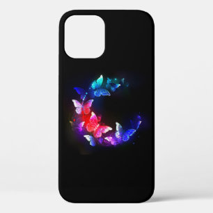 Gloeiende neon nachtvlinders op zwarte achtergrond iPhone 12 hoesje