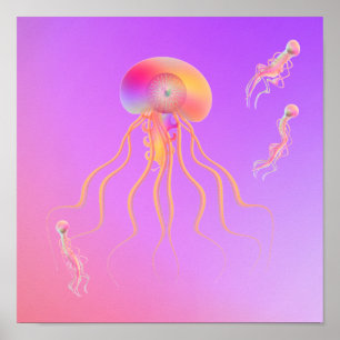 Gloeiende oceaanwezens in vaporwavekleuren. poster