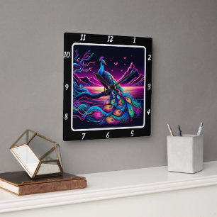 gloeiende pauw-uurwerk vierkante klok