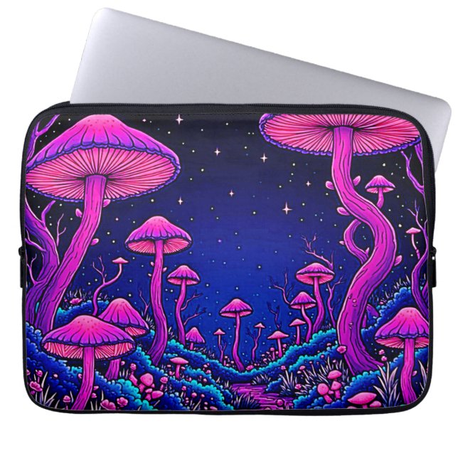 Gloeiende Psychedelic Mushroom Forest Night Laptop Sleeve (Voorkant)