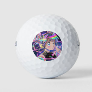 Gloeiende Rainbow Galaxy Anime Girl met hoofdtelef Golfballen