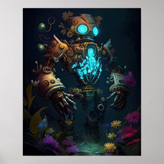 Gloeiende Robot & Bloemen Poster (Voorkant)