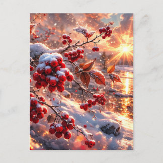 Gloeiende Rode Bessen Sneeuw van Winter Briefkaart