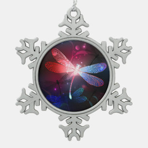 Gloeiende rode libel tin sneeuwvlok ornament