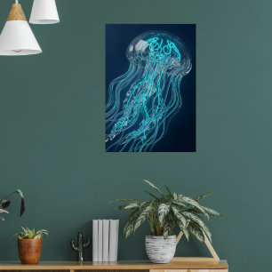 Gloeiende Teal Kwallen Oceaan Kunst Poster Diepe