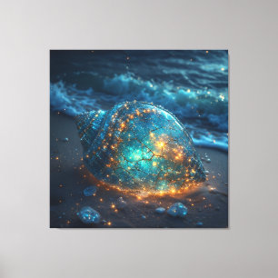 Gloeiende Zeeschelp op Strand Onder Canvas Afdruk